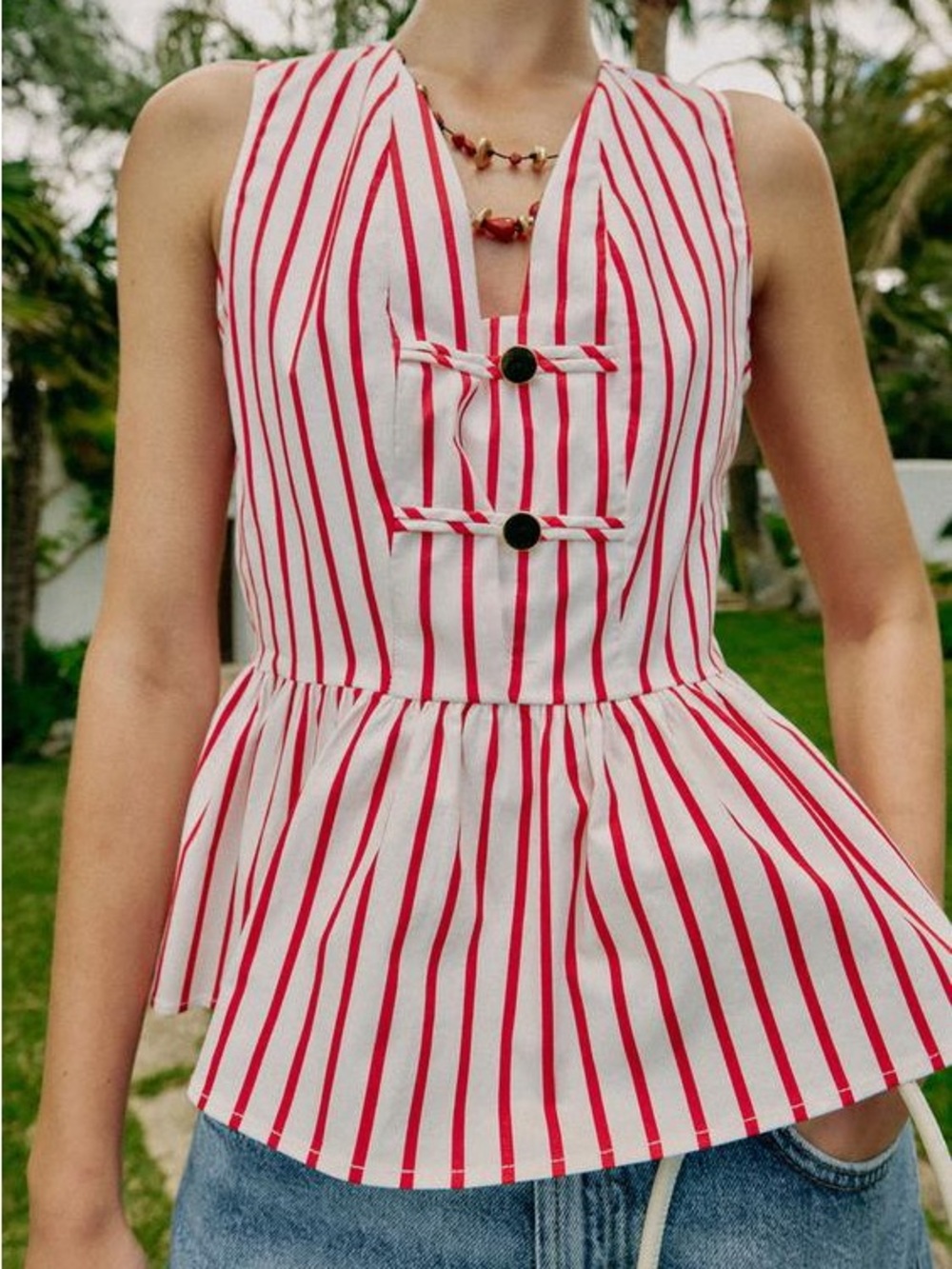 Zara White with Red Fireman Clasp Vertical Stripes Top